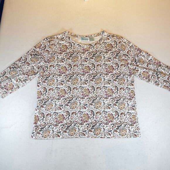Shenanigans Shirt Woman's XL Floral Crew Neck 3/4 Sleeves Browns & White Fall - Picture 4 of 12